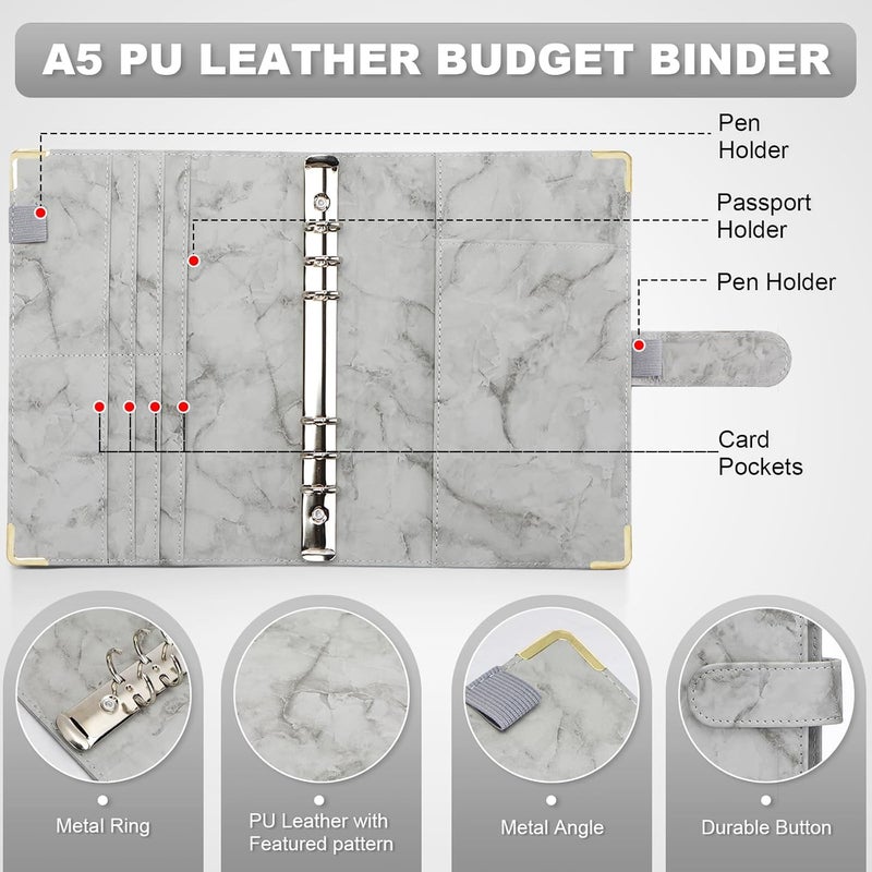Toplive A5 Binder 6 Ring Personal Planner Budget Cover Marble Gray Notebook for Filler Loose Leaf Paper - Image 4